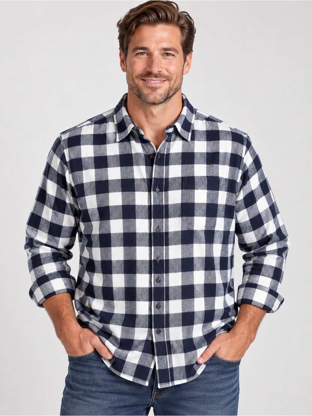Saddlebred Men’s XXL 2XL Buffalo Plaid Shirt Navy White Classic Fit 100% Cotton